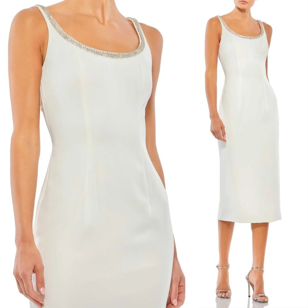 Mac Duggal 26681 Size 0 White Jeweled Scoop Neck Fitted Midi Sheath Dress